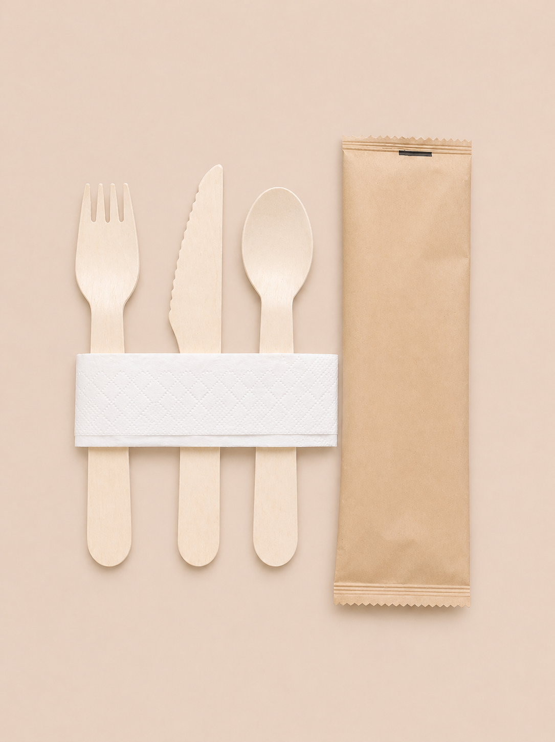Set of wooden cutlery with a napkin on a beige background