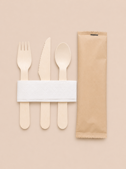 Set of wooden cutlery with a napkin on a beige background